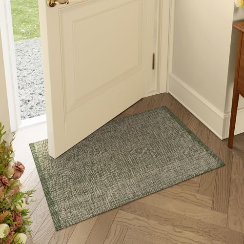 Washable Bathroom Rug 2x3 Low Profile Entryway Rugs Front Door Mat | Small Reversible Kitchen Mat Boho Bedroom Throw Rug Farmhouse Cotton Wovne Carpet Rug for Foyer Front Porch Decor - color: Green/Tan, size: 2' x 3' (Rectangular)