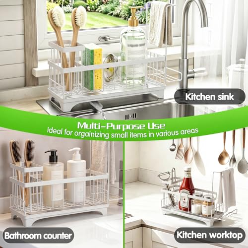 VOOWO Sponge Holder for Kitchen Sink, Compact Sink Caddy with Brush Holder | 304 Rustproof Stainless Steel Dish Soap Holder, Small Kitchen Sink Organizer, Self-Draining Dish Wand Holder with Towel Rack - color: White