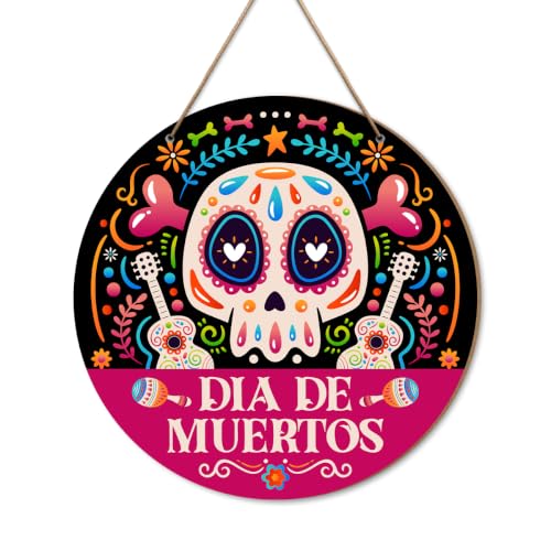 Dia De Muertos Day of The Dead Wood Hanging Door Sign Home Decor | Skull Guitars Marigold Flowers Day of The Dead Wooden Sign Party Decorations for Home Yard Porch Entryway Mexican - color: Day of The Dead02