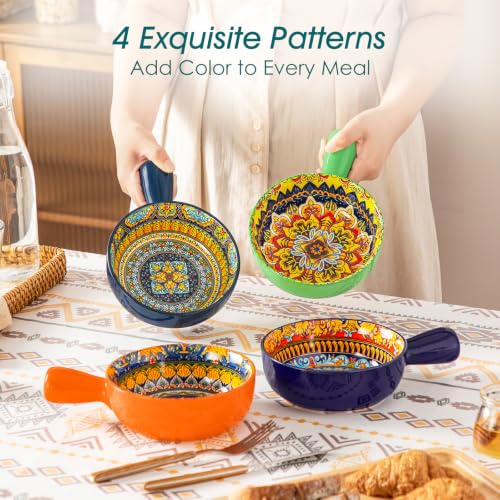 vancasso KRVI French Onion Soup Bowls, 23 Oz Porcelain, Set of 4 | Bohemian Porcelain Soup Bowls with Handles for Onion Soup, Chili, Cereal and Stew, 6.2 inch,Microwave and Dishwasher Safe