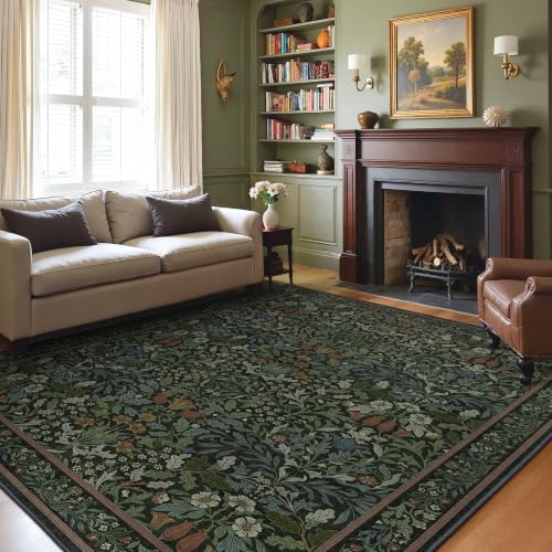 GENIMO 8x10 Washable Area Rugs for Living Room, Non Slip, Dark Green | Vintage Boho Floral Low Pile Thin Carpet for Bedroom, Dining Room, Nursery, Indoor Decor - color: Dark Green, size: 8' x 10' (Rectangular)