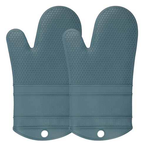 YUTAT Silicone Oven Mitts,Heat Resistant 500F Kitchen Mitts 2PCS,Waterproof Cooking Gloves with Soft Polyester Filling for Kitchen Cooking Baking BBQ - Agave - color: Agave-honeycomb Surface, size: 13“L x 7"W-2 Piece
