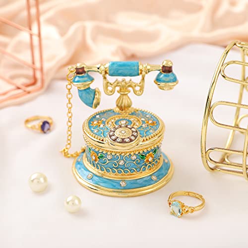 QIFU Hand Painted Sky Bule Telephone Figurine Trinket Box Hinged Unique Gift for Family - color: T2 Blue