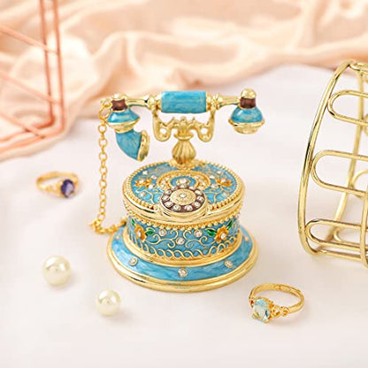 QIFU Hand Painted Sky Bule Telephone Figurine Trinket Box Hinged Unique Gift for Family - color: T2 Blue