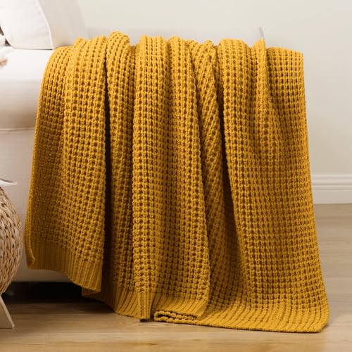 Waffle Knit Throw Blanket, Mustard Yellow Throw Blanket for Couch 50"x60" | Chunky Chenille Throw Blanket, Soft Fall Mustard Throw Blanket for Home Decor, Modern Farmhouse Knitted Style - color: Mustard, size: 50"x60"