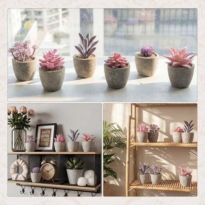 Set of 6 Artificial Succulents Potted - Realistic Mini Fake Cactus Plants in Paper Pulp Pots, 2-4'' Mixed Sizes for Farmhouse Shelf, Bathroom, Coatrack Shelf, Bedroom Indoor(Elegant Style) - style: Elegant Style