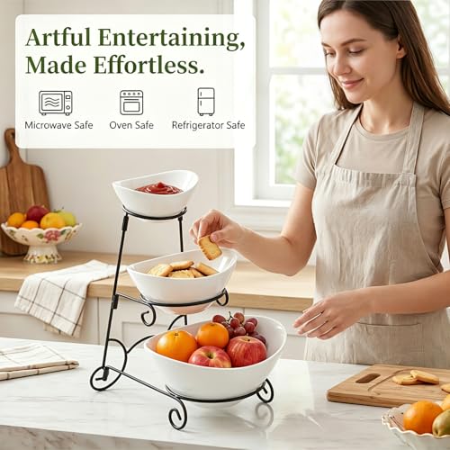 Covzoe 3 Tiered Chip and Dip Serving Set with Metal Stand | Ceramic Appetizer Bowls for Party, Food Display Platter Serving Dishes for Fruit Dessert Snacks