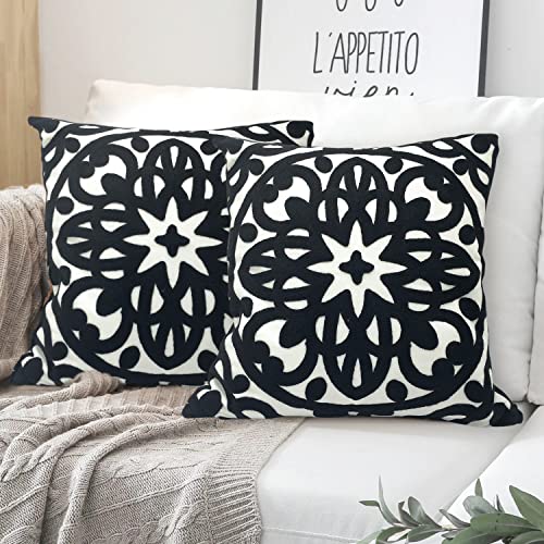 Alysheer Embroidered Decorative Throw Pillow Covers 18"x18" Set of 2 Pieces, Classic Boho Mandala Knit Pattern, Durable 100% Cotton Canvas Cozy Cushion Cases for Sofa Couch Living Room (Black) - color: Black, size: 18" x 18" (Pack of 2)