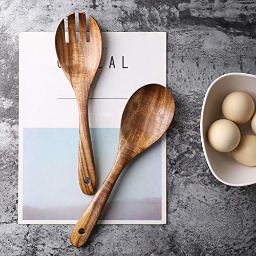 AOOSY Wooden Salad Tongs,10.2 In Acacia Wood Salad Servers,Set of 2 | Salad Fork and Salad Spoon for Serving,Mixing,Cooking,Long Handle Salad Server Set - size: 10.2inch