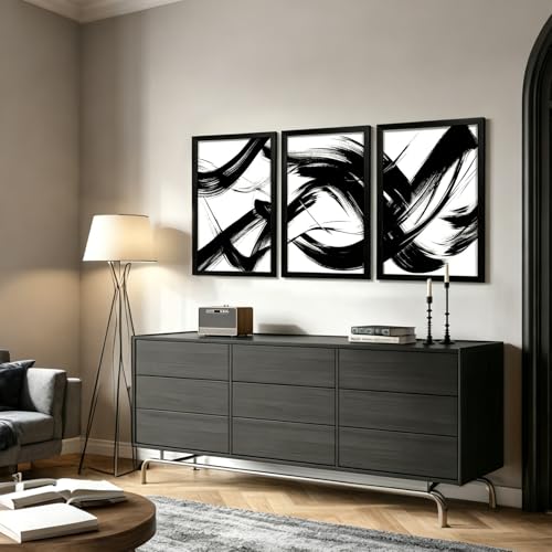 RUURUU 3Pcs Framed Black and White Abstract Canvas Wall Art Modern Minimalist Small Space Wall Decor for Living Room Bedroom Office Brush Stroke Gallery Pictures Posters Prints 12x16 Inches - size: 12x16Inches