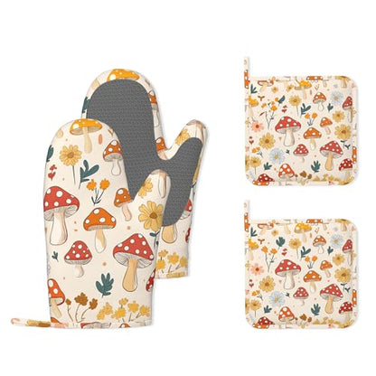 Retro Mushroom Daisy Flowers Silicone Oven Mitts and Pot Holders,Heat-Resistant 4 Piece Kitchen Set Non-Slip Oven Gloves and Hot Pads for Cooking, Baking, Grilling,BBQ - color: Retro Mushroom Daisy Flowers