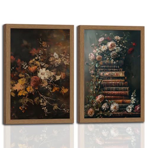 2Pcs framed vintage dark floral wall art Moody Flowers Books elegant stacks of books and blooming flowers canvas paintings home decor art suitable for living room, bedroom and office12X16In - color: Vintage Flower Book 2pcs, size: 12x16 Inches