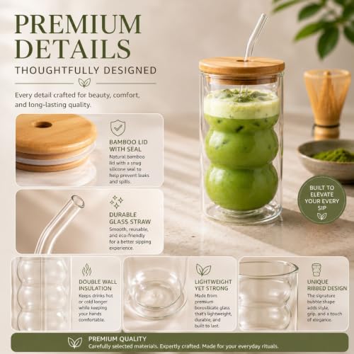 HAPPY PATH & CO. 2 Double Wall Glass Cups with Lids and Straws 16oz (480ml) - Glasses Drinking Set | Glass Tumbler with Bamboo Lid | Ribbed Bubble Glass Cups for Matcha, Coffee and Other Smoothies