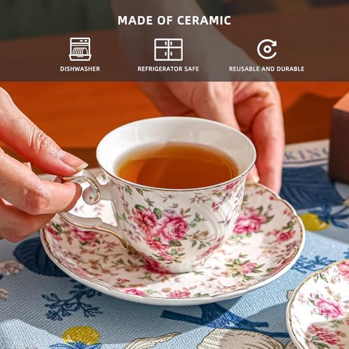 Agyiuns tea cups and saucers ceramic coffee mug 6oz for Coffee, Latte, Cafe Mocha (Big flowers-Set of 4) - color: Big flowers-Set of 4