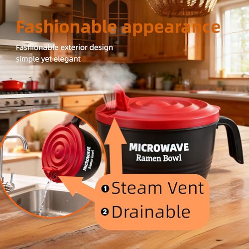 Layron Ramen Cooker Bowl - 45 oz Microwaveable Noodle Bowl Ramen in few Minutes- BPA Free and Dishwasher Safe Set with Chopsticks Perfect for Dorm, Small Kitchen, or Officee (black) - color: Black