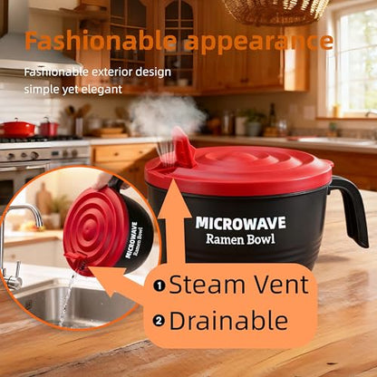 Layron Ramen Cooker Bowl - 45 oz Microwaveable Noodle Bowl Ramen in few Minutes- BPA Free and Dishwasher Safe Set with Chopsticks Perfect for Dorm, Small Kitchen, or Officee (black) - color: Black
