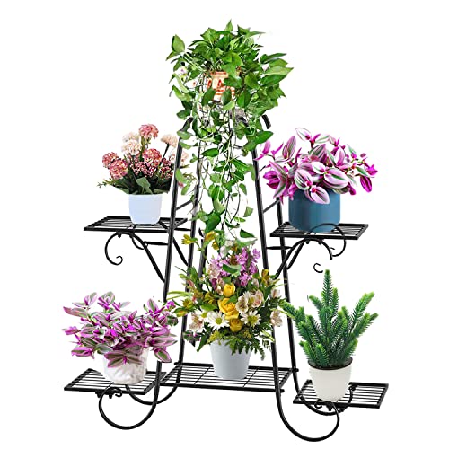 CarolynDesign 6 Tier Plant Stands for Indoors and Outdoors, Flower Pot Holder Shelf for Multi Plants, Black Metal Plant Stand for Patio - color: Black Square