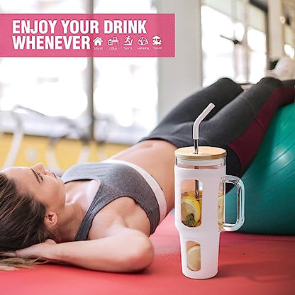 WINSA Glass Tumbler with Lid and Straw, 46 oz, Cotton Pink | Iced Coffee Cup with Handle, Large Water Bottle with Silicone Sleeve, Pearl Straw & Drinking Straw, BPA Free - color: CottonPink, size: 46 Ounces