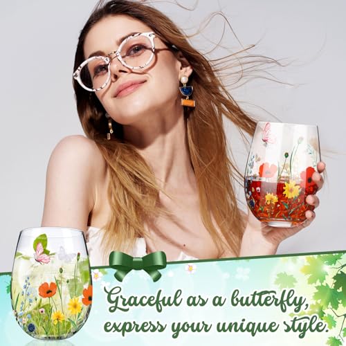 Sliner 2 Pack 17oz Wildflower Stemless Wine Glasses Floral Butterfly Drinking Glasses Spring Flowers Tumbler Cups for Graduation Wedding Mother's Day Birthday Drinking Party Favors - style: Wildflower