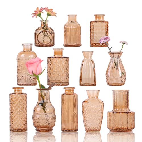 Glass Bud Vases Set of 12, Small Vases for Flowers, Amber Bud Vases in Bulk for Centerpieces Decor, Mini Vintage Vase for Rustic Home Wedding Table Decorations