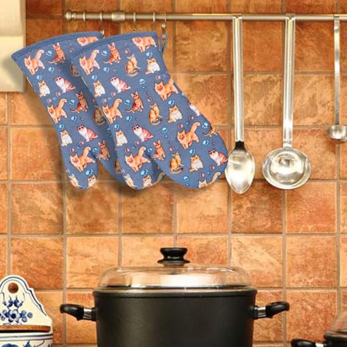 Oven Mitts 1 Pair, Non Slip Clear Silicone Printed Rooster Kitchen Gloves | Heat Resistant 480 ℉ Comfortable Cotton Lining Kitchen Men Cooking Barbecue Machine Washable (Cat, Grey mitts) - color: Cat, Blue Mitts