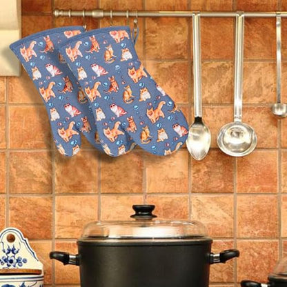 Oven Mitts 1 Pair, Non Slip Clear Silicone Printed Rooster Kitchen Gloves | Heat Resistant 480 ℉ Comfortable Cotton Lining Kitchen Men Cooking Barbecue Machine Washable (Cat, Grey mitts) - color: Cat, Blue Mitts