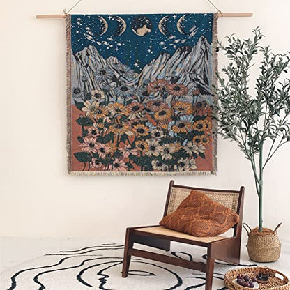 Flower Moon Mountain Throw Woven Blanket with Tassel for Home Decoration Chair Couch Sofa Bed Beach Travel Picnic Cloth Tapestry Shawl Cozy Cotton (Blue & Red 63×51 Inches)