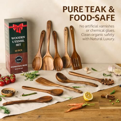 SOOMGYEOL SEOM 10-Piece Teak Wood Cooking Utensil Set | Natural Teak Wood, Uncoated, 10 Essential Cooking Utensils, Nonstick Safe - size: 10 PCS Set