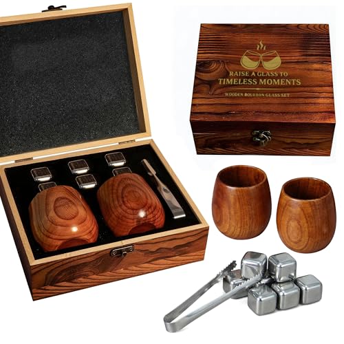 Charred Wooden Bourbon Drinking Glass Set | Premium Whiskey Tumblers with Whiskey Stones, Tongs and Wooden Gift Box, Perfect Gifts for Men, Dad, Boyfriend and Friends