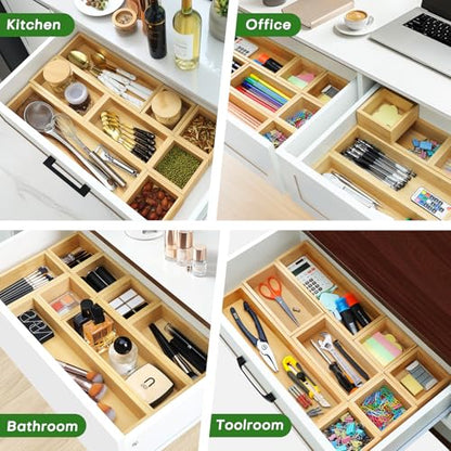 MapleGrace Bamboo Drawer Organizer Set, 9 PCS Wood Storage Organizers | Multi-Use Junk Drawer Divider, Storage Trays Containers for Kitchen, Bathroom, Office Desk, Makeup, Jewelry, Utensils - size: 9