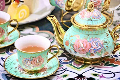 20 Pieces Porcelain Tea Set With Metal Holder, European Ceramic tea set for adults,Flower Tea Set,Tea Set For Women With Flower Painting (Large version, Green) - color: Green