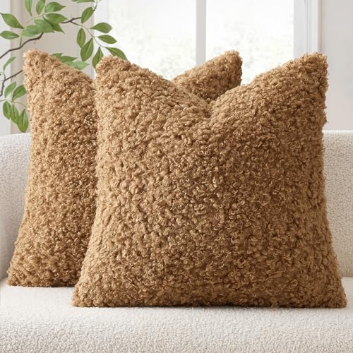 EMEMA Pack of 2 Teddy Faux Fur Throw Pillow Covers 24x24 Inch Soft Fuzzy Sherpa Sheepskin Decorative Cushion Cases Cozy Boucle Fleece for Couch Bed Boho Living Room Decor Brown - color: Brown, size: 24" x 24" (Pack of 2)