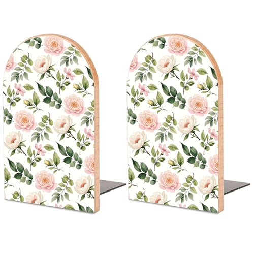 Flowers and Roses Wooden Bookends, Book Ends for Shelves | 1 Pair 5"x3.15" Decorative Wood Book Supports, Cute Shelf Stoppers for Heavy Books, Office Desk, Study Room & Home Decor - style: Flowers and Roses