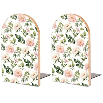 Flowers and Roses Wooden Bookends, Book Ends for Shelves | 1 Pair 5"x3.15" Decorative Wood Book Supports, Cute Shelf Stoppers for Heavy Books, Office Desk, Study Room & Home Decor - style: Flowers and Roses