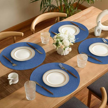 FunWheat Round Braided Placemats Set of 6 Place mats for Dining Tables Woven Heat Resistant Table Mats 15 inch (Blue,6pcs) - color: Solid Blue, size: 6pcs