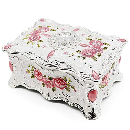 Luxury Vintage Rectangle Metal Alloy Jewelry Box Trinket Organizer Storage Box with Rose Pattern for Women, Girls, Two-Layer Design, White & Pink, Large - color: White & Pink