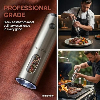 Electric Salt and Pepper Grinder Set with Rechargeable Base - Upgraded Large Capacity, Refillable Pepper Mill Set with LED Light & Adjustable Coarseness, Ideal for Kitchen, Outdoor (Light Silver) - color: Lighr Silver