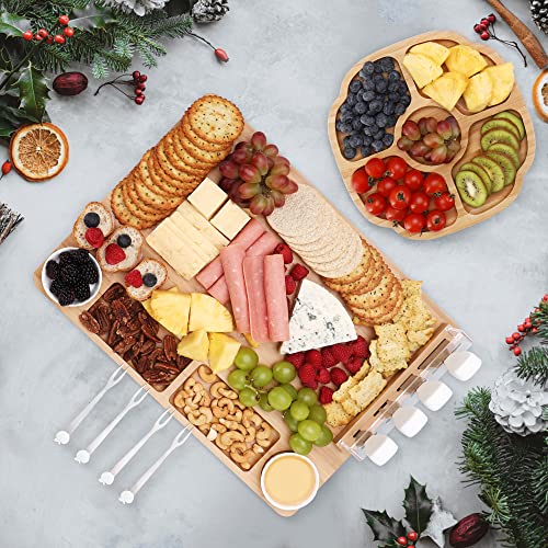 hecef Large Charcuterie Board Set of 13, A Bamboo Cheese Board and Snack Tray, 2 Ceramic Bowls, 4 Server Forks, 4 Knives Set, Appetizer Platter for Birthdays, Weddings, Housewarming, Feast - style: with Snack Tray