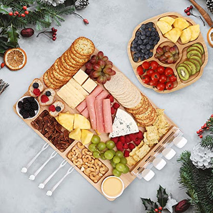 hecef Large Charcuterie Board Set of 13, A Bamboo Cheese Board and Snack Tray, 2 Ceramic Bowls, 4 Server Forks, 4 Knives Set, Appetizer Platter for Birthdays, Weddings, Housewarming, Feast - style: with Snack Tray