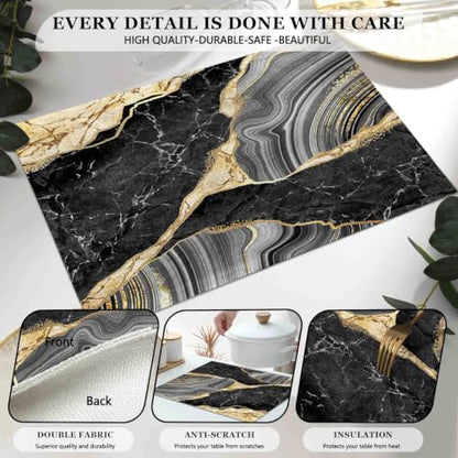 Mcalk Black Marble Table Runner and Placemats Set of 6 Pieces, Gold Marble Placemats, Modern Cloth Place Mats Indoor for Kitchen,Washable Linen Material for Dining Table - color: 02marble Black