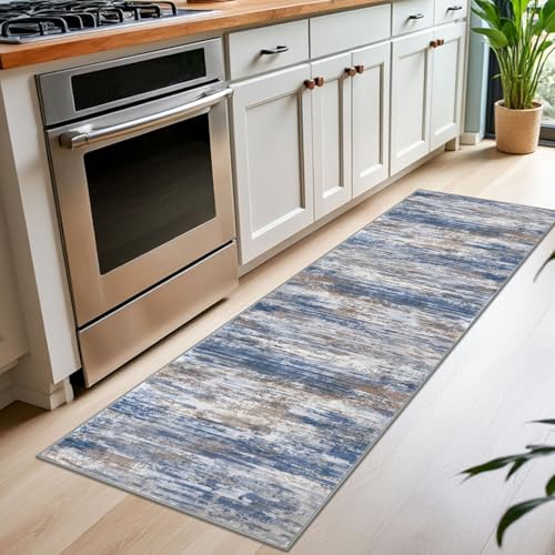 KOZYFLY Modern Abstract Washable Rug Runner 2x7 Hallway Runner Rug Non-Slip Soft Kitchen Runner Rugs, Print Blue Rust Striped Carpet Runner for Entryway Bathroom Laundry Room Foyer - color: Blue Rust White, size: 2' x 7' (Runner)
