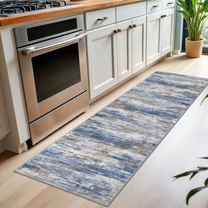 KOZYFLY Modern Abstract Washable Rug Runner 2x7 Hallway Runner Rug Non-Slip Soft Kitchen Runner Rugs, Print Blue Rust Striped Carpet Runner for Entryway Bathroom Laundry Room Foyer - color: Blue Rust White, size: 2' x 7' (Runner)