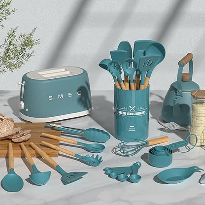 Umite Chef Kitchen Cooking Utensils Set, 33 pcs Non-stick Silicone Utensils Spatula Set with Holder, Silicone Kitchen Gadgets Utensil Set(Dark Blue) - color: Dark Blue