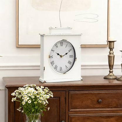Vintage Mantel Clock, Large Rustic Distressed Metal Table Clock with Handle, Silent Non-Ticking Quartz Movement, Whitewashed Fireplace Shelf Desk Clock for Living Room Bedroom Office - style: White Clock