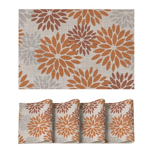 Artoid Mode Floral Vinyl Fall Placemats Set of 4, 12x18 Inch Thanksgiving Vintage Washable Non-Slip Plastic Place Mats for Party Kitchen Dining Decor, Orange - color: Orange, size: 12" x 18", Rectangular Set of 4