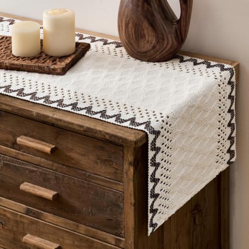 Macrame Side Trim Boho Woven Table Runner, Chocolate 12x108 Inch | Crochet Hollow Table Runners 108 Inch Long, Handmade Feel Ivory Cotton Base with Striped Trim, Farmhouse Kitchen Home Decor - color: Chocolate, size: 12"x108"
