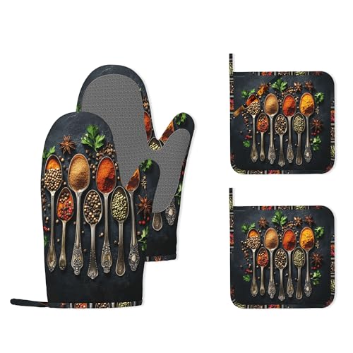 Cooking Herbs Spices Heat-Resistant Silicone Oven Mitts and Pot Holders 4 Piece Set,Extra Long Non-Slip Kitchen Oven Gloves for Cooking, Baking, BBQ,Grilling - color: Cooking Herbs Spices
