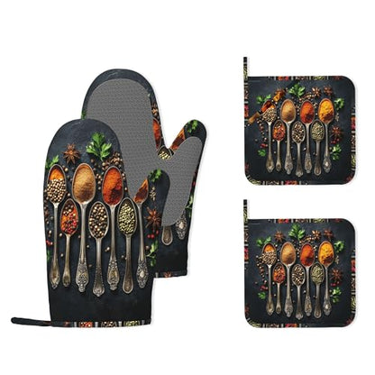 Cooking Herbs Spices Heat-Resistant Silicone Oven Mitts and Pot Holders 4 Piece Set,Extra Long Non-Slip Kitchen Oven Gloves for Cooking, Baking, BBQ,Grilling - color: Cooking Herbs Spices