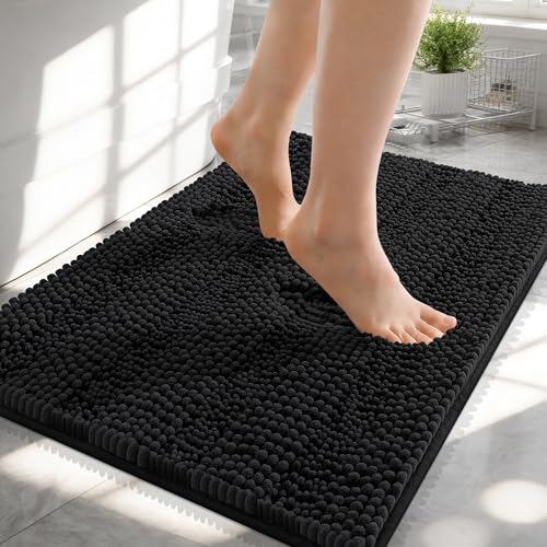 OLANLY Thick Small Bathroom Rugs 24x16, Soft Chenille Bath Rugs, Black | Rubber Backing, Machine Wash, Extra Absorbent Striped Bath Mats for Bathroom Floor, Tub and Shower, Home Decor Accessories - color: Black, size: 24" X 16"