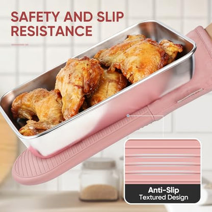 YUTAT Silicone Oven Mitts,High Heat Resistant Up to 500 Degrees,Waterproof Cooking Gloves with Soft Polyester Filling,Kitchen Potholder Set - Perfect for BBQ,Baking and Cooking,Pink,2 Pcs Set - color: Pink-striped Surface, size: 13“L x 7"W-2 Piece